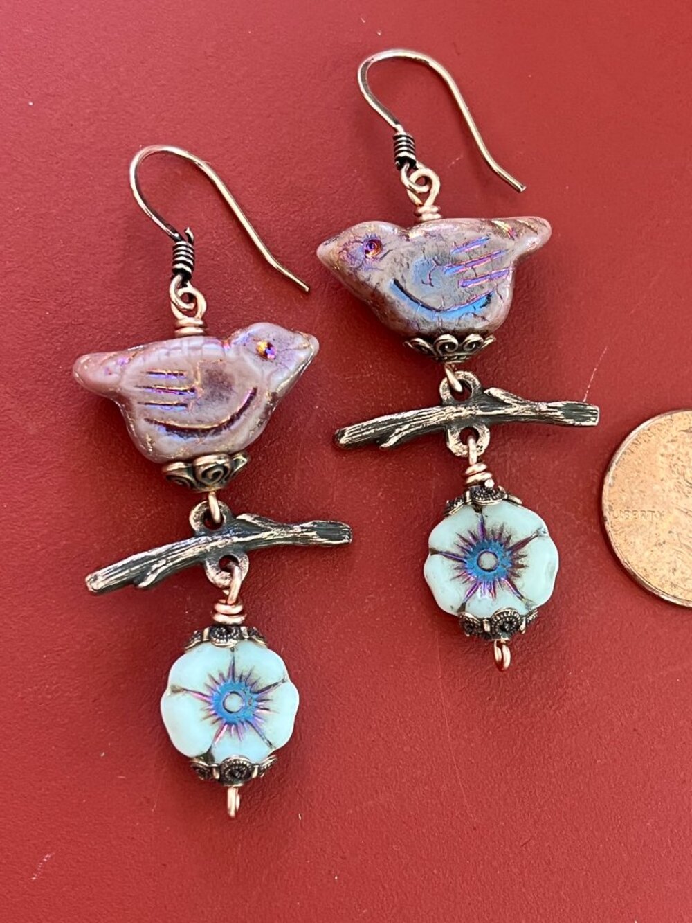 Whimsical Bird and Flower Earrings | Boho Nature Dangle Copper Earrings - Picture 8 of 9